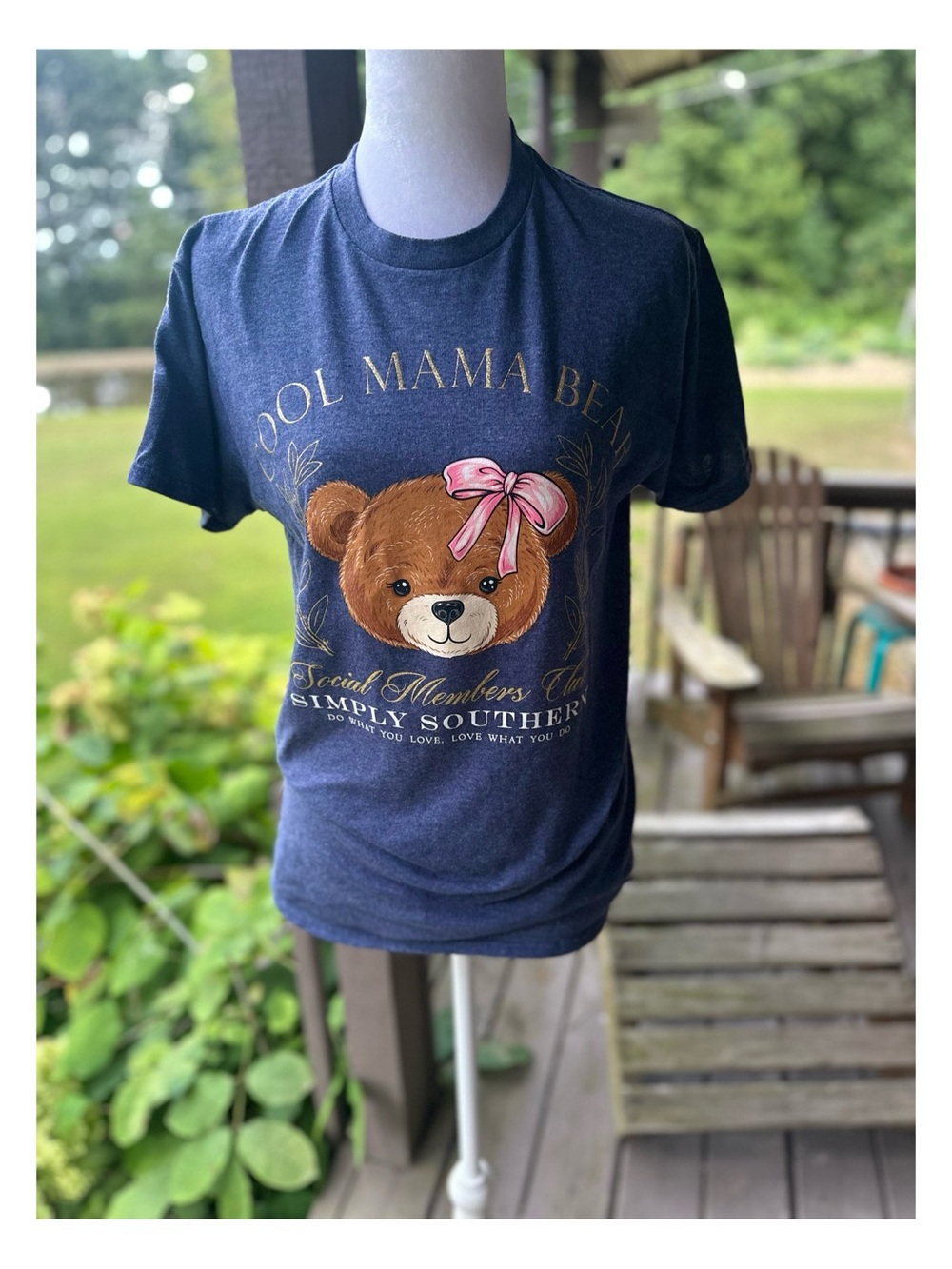 Simply Southern Navy 'Cool Mama Bear' Graphic Tee with Pink Bow Size Small